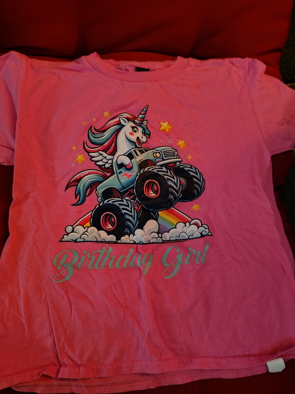 Gildan Pink Tee with Unicorn Monster Truck Graphic